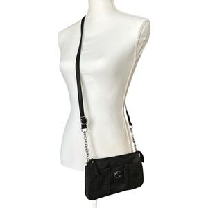 TOMMY HILFIGER Black Jacquard Crossbody Bag Silver Chain Accents Classic Preppy